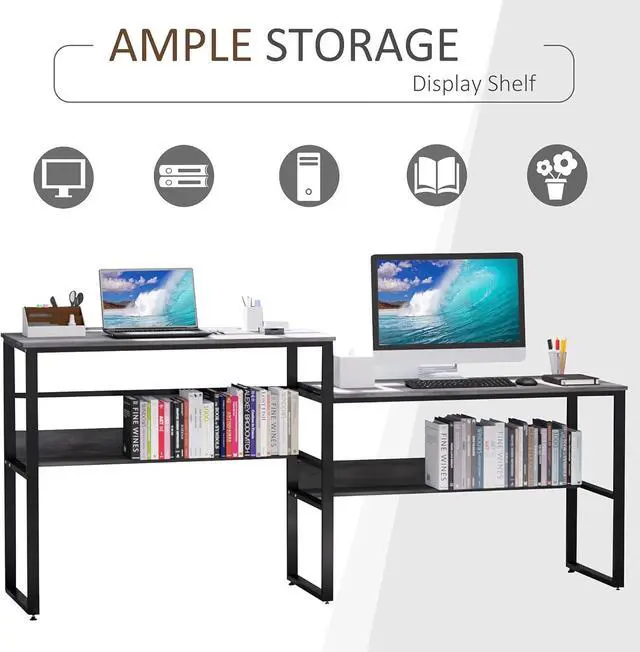 Alt view image 5 of 7 - HOMCOM 86.5 Inch Two Person Desk Double Computer Table Writing Desk with Open Shelves Long Storage Workstation for Home Office Gray