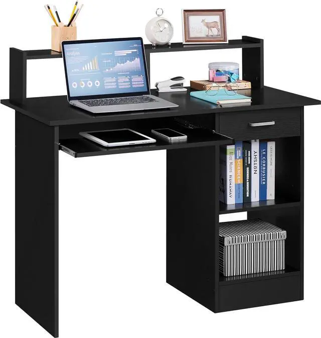 Main image of Yaheetech Home Office Wood Computer Desk with Drawers and Pull-Out Keyboard Tray, Study Writing Desk PC Laptop Table with Hutch and Storage Shelves, Modern Workstation, Black