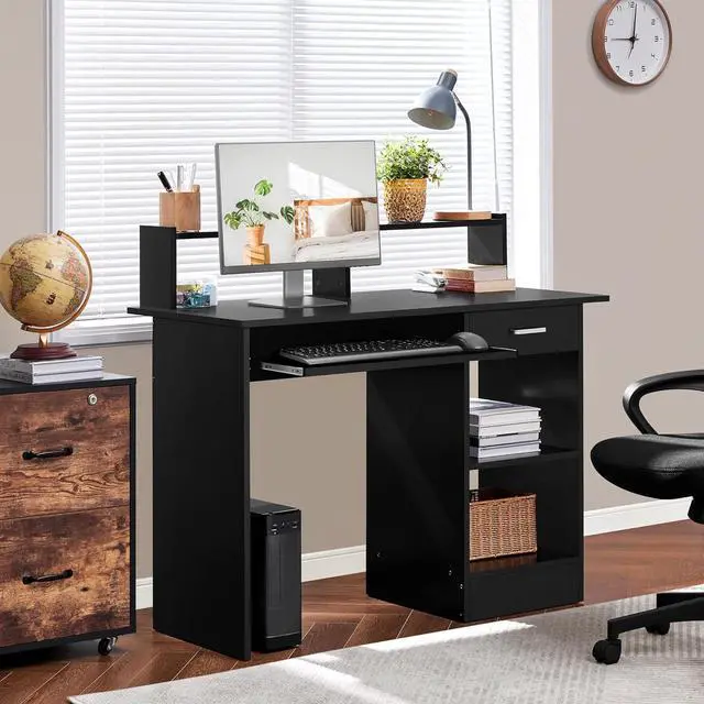 Alt view image 2 of 7 - Yaheetech Home Office Wood Computer Desk with Drawers and Pull-Out Keyboard Tray, Study Writing Desk PC Laptop Table with Hutch and Storage Shelves, Modern Workstation, Black
