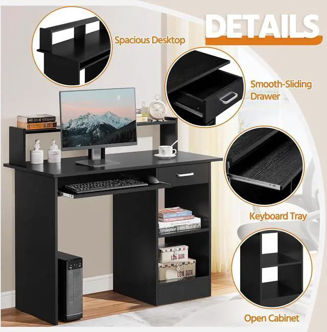 Alt view image 5 of 7 - Yaheetech Home Office Wood Computer Desk with Drawers and Pull-Out Keyboard Tray, Study Writing Desk PC Laptop Table with Hutch and Storage Shelves, Modern Workstation, Black