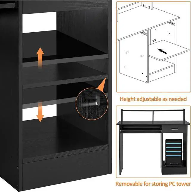 Alt view image 6 of 7 - Yaheetech Home Office Wood Computer Desk with Drawers and Pull-Out Keyboard Tray, Study Writing Desk PC Laptop Table with Hutch and Storage Shelves, Modern Workstation, Black