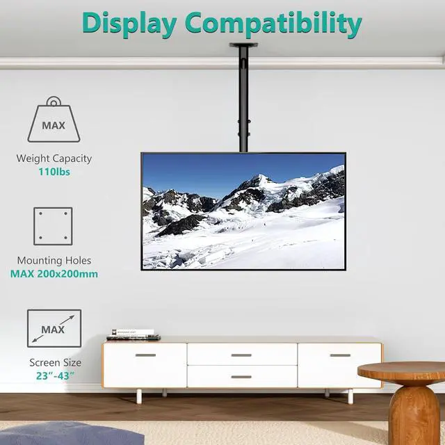 Alt view image 4 of 7 - WALI TV Ceiling Mount Adjustable Bracket Fits Most LED, LCD, OLED and Plasma Flat Screen Display 23 to 43 Inch, up to 110 Lbs, Mounting Holes 200x200mm (CM2343), Black