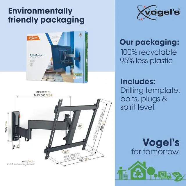 Alt view image 4 of 7 - Vogel's TVM 3445 Full-Motion TV Wall Bracket for 32-65 inch TVs, Max. 55 lbs, Swivels up to 180º, Full-Motion TV Wall Mount, Max. VESA 400x400, Universal Compatibility