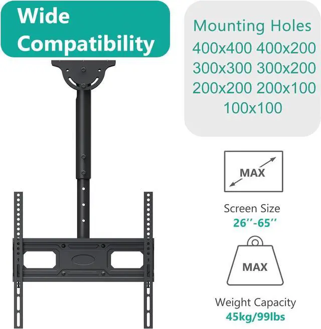 Alt view image 2 of 7 - WALI Ceiling TV Mount, Full Motion Adjustable Mount Bracket Fits Most LED, LCD, OLED 4K TVs 26 to 65 inch, up 99lbs, Mounting Holes 400x400mm (CM2665-P), Black