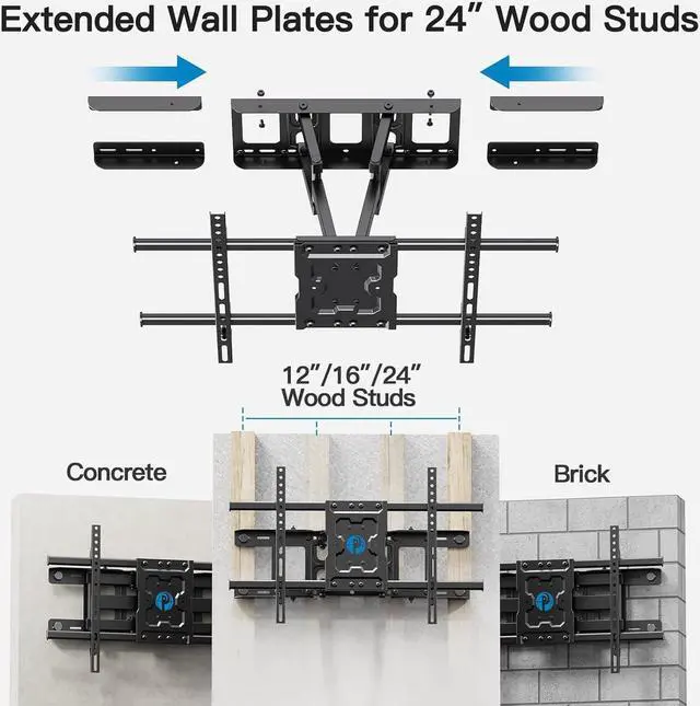 Alt view image 3 of 7 - Full Motion TV Wall Mount Articulating Arms Swivel Tilt Rotation for Most 37-75 Inch OLED, LCD, LED Flat Curved TVs, Extension to 24 inch Wood Stud up to 132lbs Max VESA 600x400mm by Pipishell