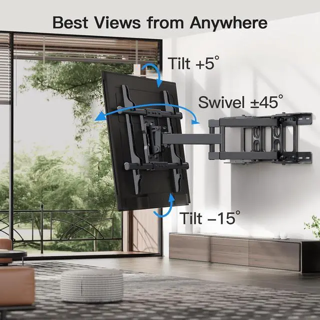 Alt view image 4 of 7 - Full Motion TV Wall Mount Articulating Arms Swivel Tilt Rotation for Most 37-75 Inch OLED, LCD, LED Flat Curved TVs, Extension to 24 inch Wood Stud up to 132lbs Max VESA 600x400mm by Pipishell