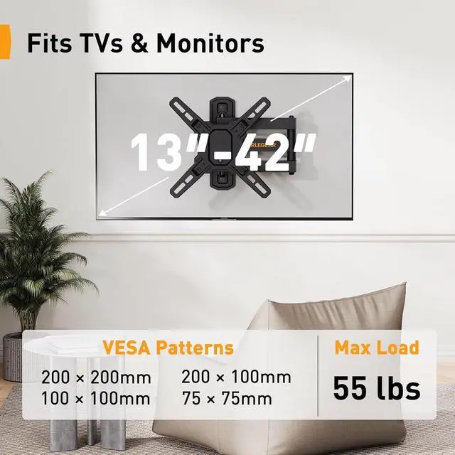 Alt view image 2 of 7 - Perlegear Full Motion TV Wall Mount for 13-42 inch Flat or Curved TVs & Monitors up to 55 lbs, Wall Mount TV Bracket with Articulating Arm, Swivel, Tilt, Extension TV Mount, Max VESA 200x200mm, PGSF6