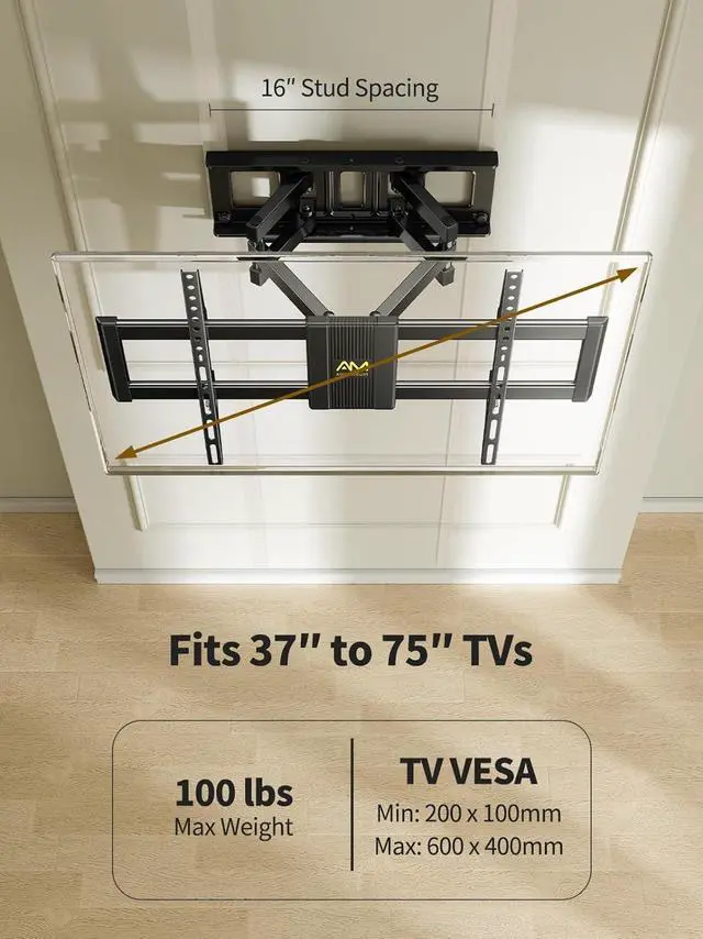 Alt view image 2 of 7 - AM alphamount Full Motion TV Wall Mount for Most 37-75 Inch TVs up to 100 lbs, Swivel TV Mount with Dual Articulating Arms, Wall Mount TV Bracket Max VESA 600x400mm, Fits 16 Wood Studs, APLF6