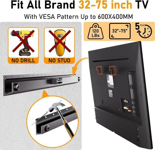 Alt view image 3 of 6 - No Stud TV Wall Mount,No Drill TV Mount for 32-75 in,Drywall Studless TV Wall Mount with Clear Instructions,Low Profile Hangsmart TV Mount with Sturdy Design,Easy to Install for Bedroom,Living Room