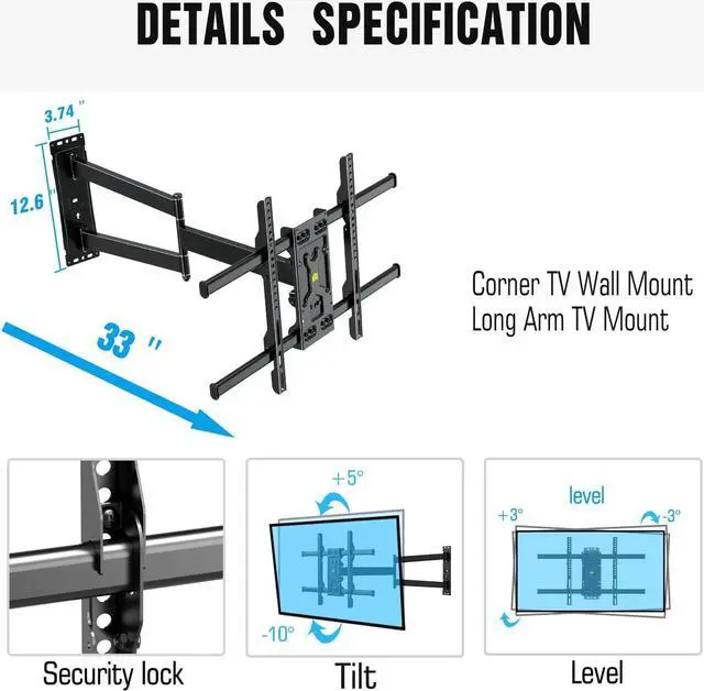 Alt view image 5 of 7 - FORGING MOUNT Corner TV Wall Mount Long Arm TV Mount Bracket for 32"-75" TVs-Easy to Install Single Stud Design- 33" of Smooth Extension Plus Swivel,Tilt,Max VESA 600X400mm,Holds 100lbs