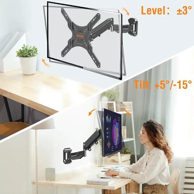 Alt view image 3 of 7 - ELIVED Height Adjustable TV Wall Mount for Most 23-55 Inch TVs, Spring Arm Full Motion Swivel Tilt Articulating TV Mount Bracket, Max VESA 400x400mm, Support 11-66 lbs, YD1010