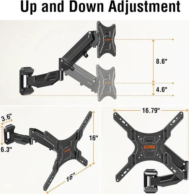 Alt view image 4 of 7 - ELIVED Height Adjustable TV Wall Mount for Most 23-55 Inch TVs, Spring Arm Full Motion Swivel Tilt Articulating TV Mount Bracket, Max VESA 400x400mm, Support 11-66 lbs, YD1010