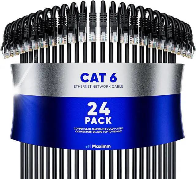 Main image of Maximm Cat6 Ethernet Cable 1 Ft Black (24-Pack), 10Gbps 550MHz UTP Cord