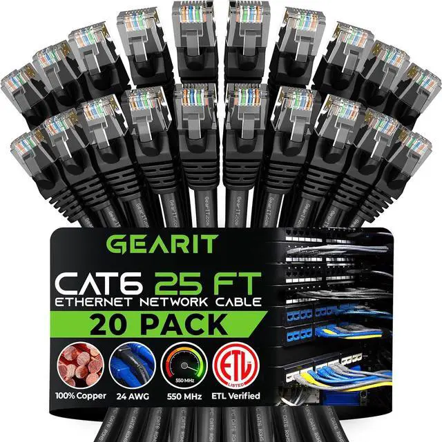 Main image of GearIT Cat 6 Ethernet Cable 25 ft (20-Pack) - Cat6 Patch Cable, Cat 6 Patch Cable, Cat6 Cable, Cat 6 Cable, Cat6 Ethernet Cable, Network Cable, Internet Cable - Black 25 Feet
