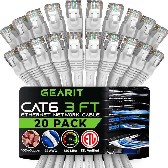 Main image of GearIT Cat 6 Ethernet Cable 3 ft (20-Pack) - Cat6 Patch Cable, Cat 6 Patch Cable, Cat6 Cable, Cat 6 Cable, Cat6 Ethernet Cable, Network Cable, Internet Cable - White 3 Feet
