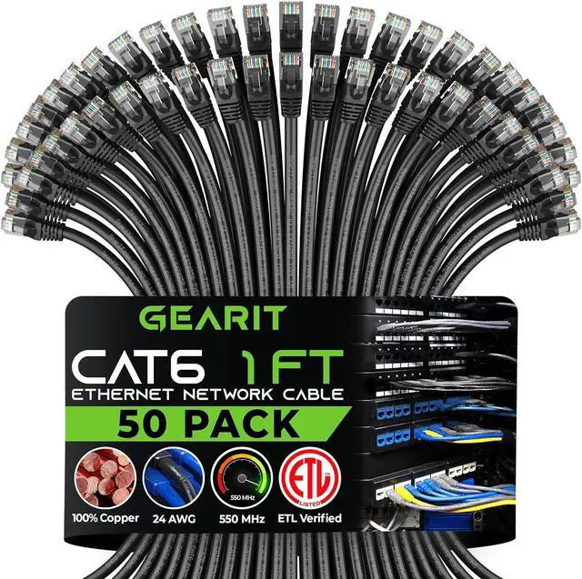 Main image of GearIT Cat 6 Ethernet Cable 1 ft (50-Pack) - Cat6 Patch Cable, Cat 6 Patch Cable, Cat6 Cable, Cat 6 Cable, Cat6 Ethernet Cable, Network Cable, Internet Cable - Black 1 Foot
