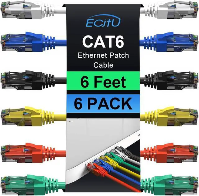 Main image of Cat6 Patch Cables 6 Feet (6 Pack), Cat 6 Ethernet Cable, 24AWG CCA Cord, UTP Network, Internet Cable, Compatible for PC, Laptop, Routers, Switches, Servers, Printers, RJ45 LAN with 25 Cable Ties - 6FT