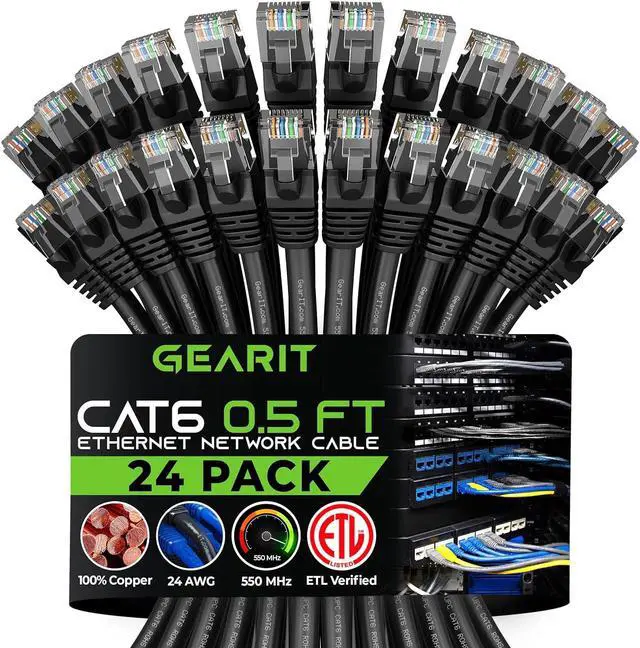Main image of GearIT Cat 6 Ethernet Cable 0.5 ft 6-Inch (24-Pack) - Cat6 Patch Cable, Cat 6 Patch Cable, Cat6 Cable, Cat 6 Cable, Cat6 Ethernet Cable, Network Cable, Internet Cable - Black 0.5 Foot