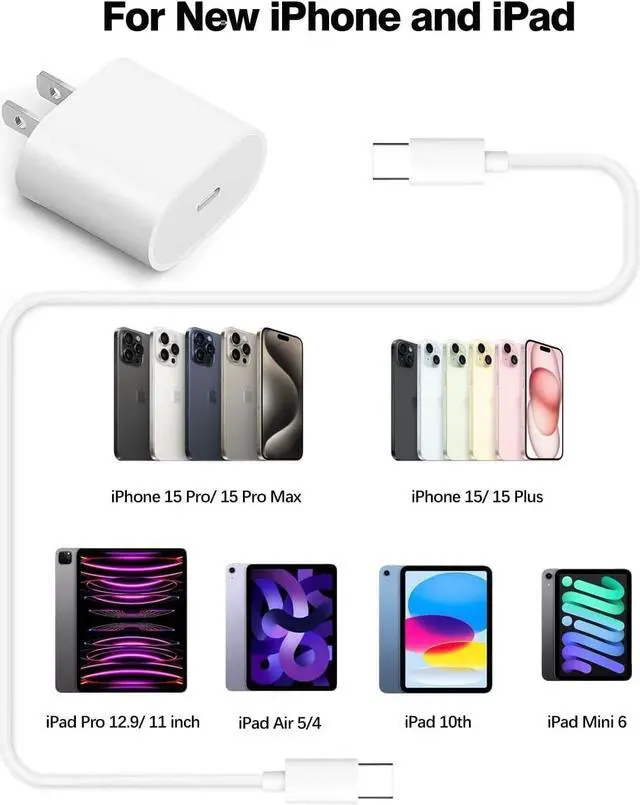 Alt view image 6 of 7 - 20W USB C Fast Charger for iPhone 15/15 Pro Max, iPad Pro 12.9/11 inch, iPad Air 5/4th, iPad 10th Gen, iPad Mini, with 6.6ft USB C to C Charging Cable