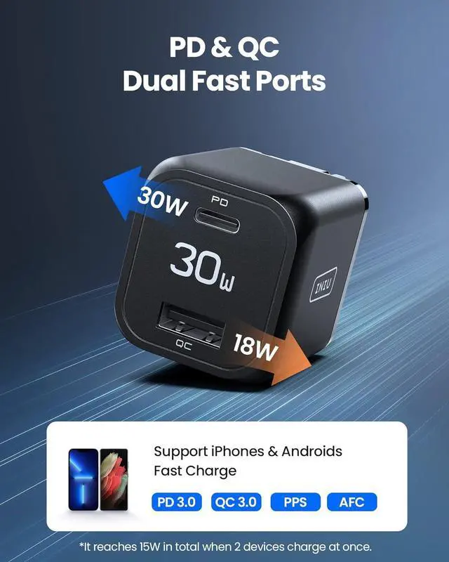 Alt view image 4 of 7 - INIU USB C Charger, 30W PD QC 3.0 Dual Port Type C Fast Charging Compact Charger Block with Foldable Plug for iPhone 16 15 Pro Max Samsung S24 S23 Note 20 iPad Pro Google AirPods etc