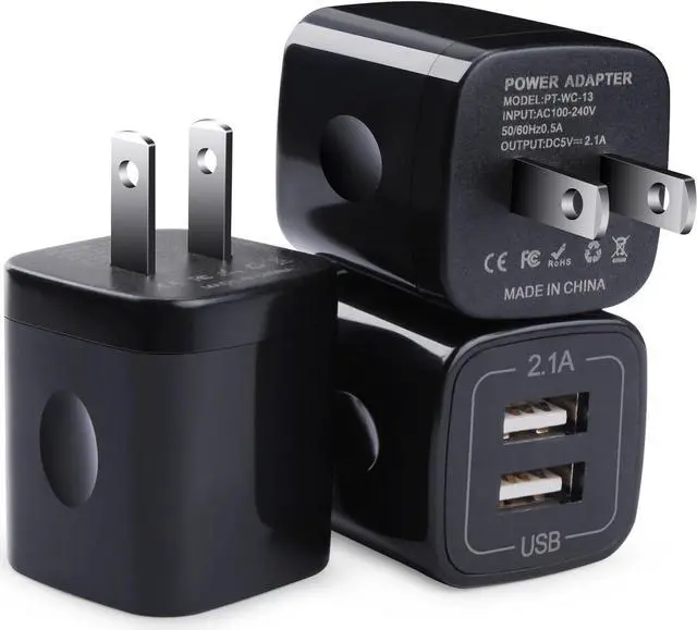 Main image of Black USB Wall Adapter, Charging Block, 3Pack Dual Port 2.1A Fast Wall Charger Brick Base Cube USB Plug Outlet Phone Charger Box Compatible iPhone 15 14 13 12 11 XS Max XR X 8 7 6, iPad, Samsung, LG