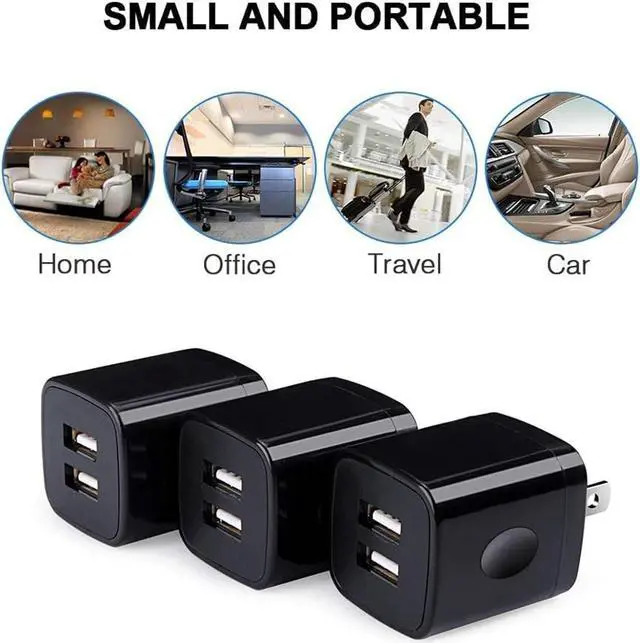 Alt view image 7 of 7 - Black USB Wall Adapter, Charging Block, 3Pack Dual Port 2.1A Fast Wall Charger Brick Base Cube USB Plug Outlet Phone Charger Box Compatible iPhone 15 14 13 12 11 XS Max XR X 8 7 6, iPad, Samsung, LG
