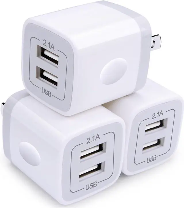 Main image of Wall Charger, USB Brick 3Pack 2.1A/5V Dual Port USB Plug Charger Cube Power Adapter Fast Charging Block for iPhone 15 14 13 12 X 8 7 6 Plus 5S,iPad,Samsung Galaxy S8 S7 S6 Edge,LG,Moto,Android Phone.