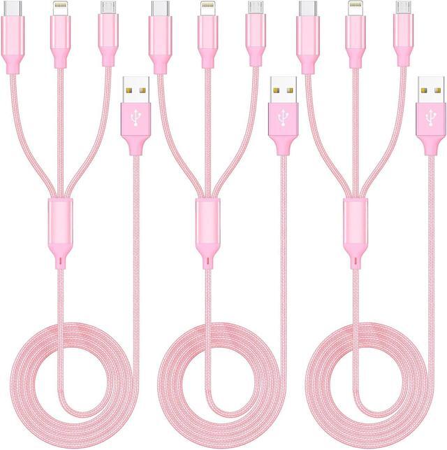 Main image of Multiple Charger Cable 3Pack 4FT Multi Charging Cable Rapid Nylon Braided Cord USB Charging Cable 3 in 1 Multi Phone Charger Cord with Type C Micro Lightning USB Connectors for Cell Phones Pink