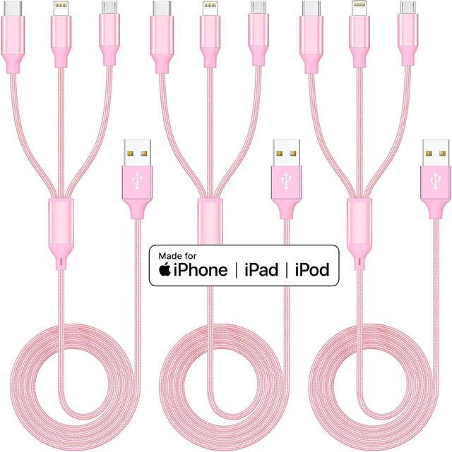 Alt view image 2 of 7 - Multiple Charger Cable 3Pack 4FT Multi Charging Cable Rapid Nylon Braided Cord USB Charging Cable 3 in 1 Multi Phone Charger Cord with Type C Micro Lightning USB Connectors for Cell Phones Pink