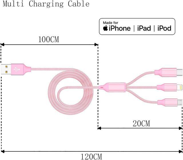 Alt view image 3 of 7 - Multiple Charger Cable 3Pack 4FT Multi Charging Cable Rapid Nylon Braided Cord USB Charging Cable 3 in 1 Multi Phone Charger Cord with Type C Micro Lightning USB Connectors for Cell Phones Pink