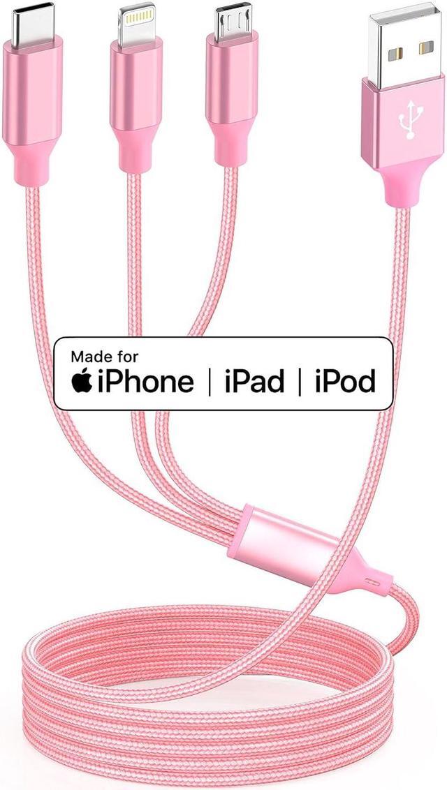Alt view image 4 of 7 - Multiple Charger Cable 3Pack 4FT Multi Charging Cable Rapid Nylon Braided Cord USB Charging Cable 3 in 1 Multi Phone Charger Cord with Type C Micro Lightning USB Connectors for Cell Phones Pink