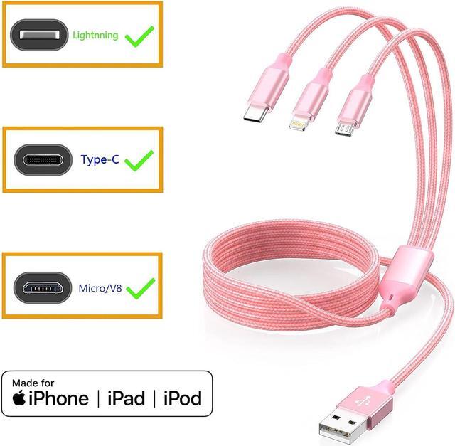 Alt view image 7 of 7 - Multiple Charger Cable 3Pack 4FT Multi Charging Cable Rapid Nylon Braided Cord USB Charging Cable 3 in 1 Multi Phone Charger Cord with Type C Micro Lightning USB Connectors for Cell Phones Pink