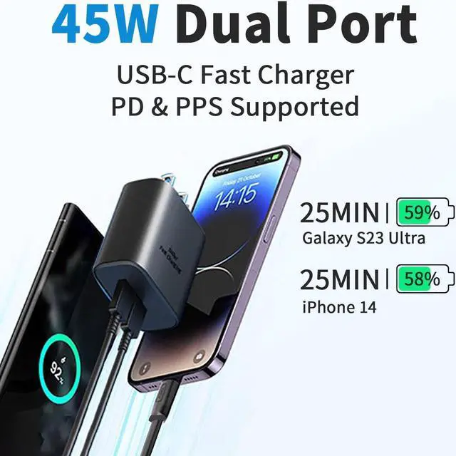 Alt view image 4 of 6 - 45W Samsung Dual Port USB C Fast Wall Charger with 5FT Type C Charging Cable,Surper Fast Charger Type C Charging Block for Samsung Galaxy S24 Ultra/S24/S24+/S23 Ultra/S23/S23+/S22 Ultra/S22/S22+/S21