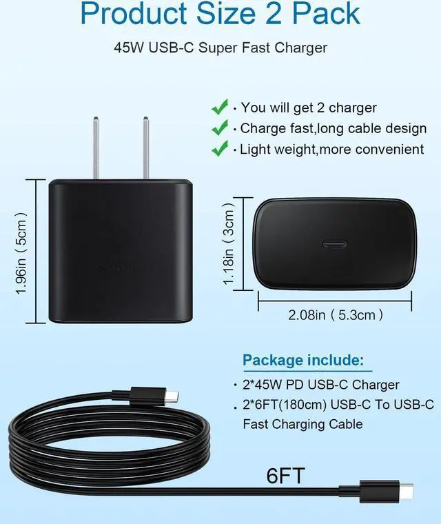 Alt view image 4 of 6 - 45W Samsung Charger USB-C 2 Pack Fast Charging for Samsung Galaxy S23 Ultra S24 Ultra,S24/S24+/S23/S23+/S22/S21,Z Fold 5/Z Flip 5,Galaxy Tab S8/S7, with 6FT Type C Cable PPS Wall Charger