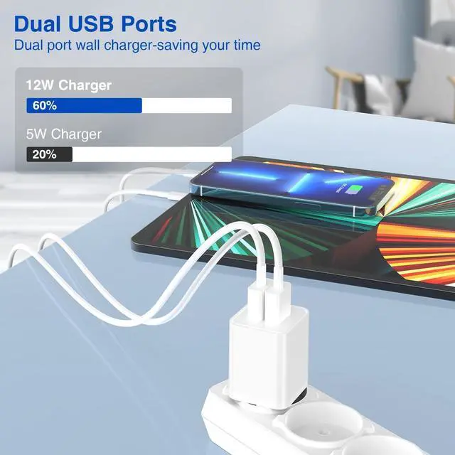 Alt view image 2 of 7 - USB Wall Charger and Lightning Cable 10 ft,[Apple MFi Certified] Long iPhone Charger with 10 FT iPhone Cord, 2 Ports Charging Plug Block Box for iPhone 12/11/XR/X/Xs/Xr/8/7/6/6s Plus/SE/5c/iPad-White