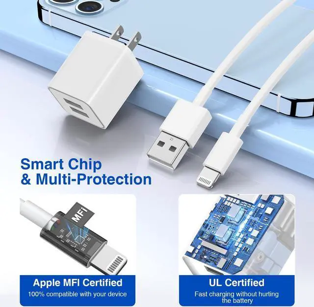 Alt view image 4 of 7 - USB Wall Charger and Lightning Cable 10 ft,[Apple MFi Certified] Long iPhone Charger with 10 FT iPhone Cord, 2 Ports Charging Plug Block Box for iPhone 12/11/XR/X/Xs/Xr/8/7/6/6s Plus/SE/5c/iPad-White