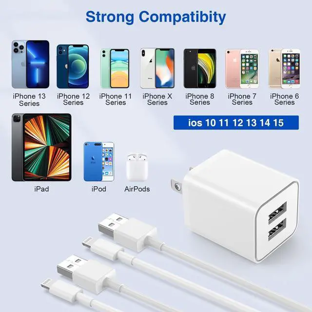 Alt view image 5 of 7 - USB Wall Charger and Lightning Cable 10 ft,[Apple MFi Certified] Long iPhone Charger with 10 FT iPhone Cord, 2 Ports Charging Plug Block Box for iPhone 12/11/XR/X/Xs/Xr/8/7/6/6s Plus/SE/5c/iPad-White