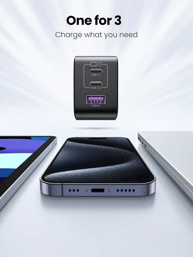 Alt view image 3 of 7 - UGREEN 65W USB C Charger, Nexode 3 Ports GaN Fast Charger Block, Compact Foldable Wall Charger for MacBook Pro/Air, iPhone 15 Pro Max/14/13, iPad Pro, Galaxy S24/S23, Pixel 8, Steam Deck (Black)