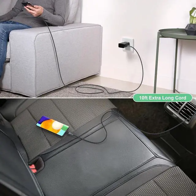 Alt view image 4 of 7 - Adaptive Fast Charging Wall Charger with USB C Cable 10Ft, Excgood Fast Charger Power Adapter USB Type C Cable Fast Charging Compatible with Galaxy S23 S22 S21 S8 S9 S10 A13 A14 A03s-Black