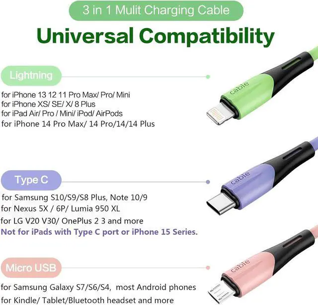 Alt view image 2 of 7 - Multi Charging Cable 2Pack 3FT, 3 in 1 5A Multiple USB Fast Charger Cable Adapter Lightning/Type C/Micro USB Port, Compatible with iPhone 14 13/Samsung Galaxy/Pixel/LG/Tablets and More