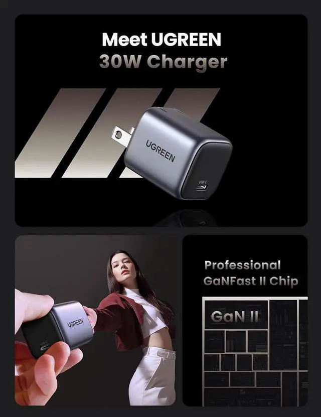 Alt view image 2 of 7 - UGREEN 30W USB C Charger, Nexode Foldable GaN PPS Compact Fast Wall Charger Block, USB-C Power Adapter for iPhone 15 Pro Max/14/13, Galaxy S24 Ultra/S23 (Black)