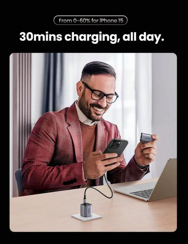 Alt view image 3 of 7 - UGREEN 30W USB C Charger, Nexode Foldable GaN PPS Compact Fast Wall Charger Block, USB-C Power Adapter for iPhone 15 Pro Max/14/13, Galaxy S24 Ultra/S23 (Black)