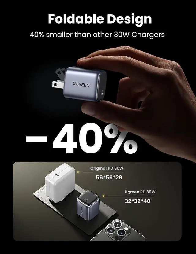 Alt view image 4 of 7 - UGREEN 30W USB C Charger, Nexode Foldable GaN PPS Compact Fast Wall Charger Block, USB-C Power Adapter for iPhone 15 Pro Max/14/13, Galaxy S24 Ultra/S23 (Black)