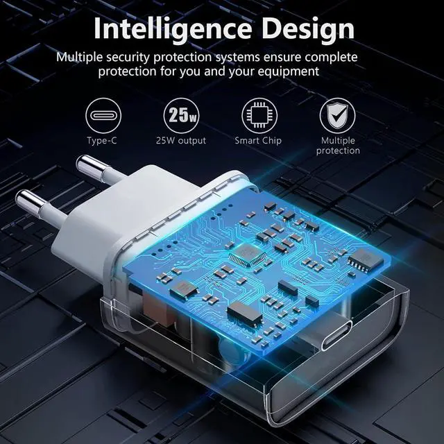 Alt view image 2 of 6 - 25W USB C European Plug Adapter with 6FT Cable for iPhone 14/14 Pro/14 Pro Max/14 Plus/13/12/11, Travel USBC Charging Power Charger Cord for Europe EU Euro Spain Italy France Germany