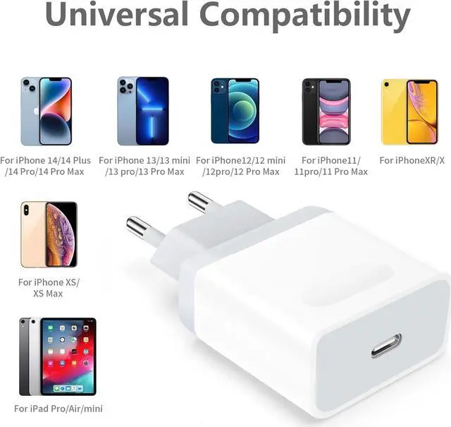 Alt view image 3 of 6 - 25W USB C European Plug Adapter with 6FT Cable for iPhone 14/14 Pro/14 Pro Max/14 Plus/13/12/11, Travel USBC Charging Power Charger Cord for Europe EU Euro Spain Italy France Germany