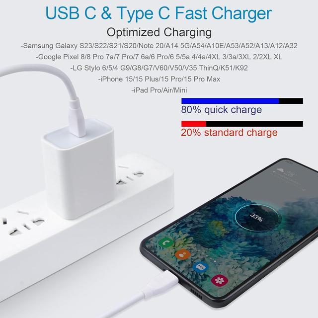 Alt view image 3 of 7 - USB C Fast Charger for Google Pixel 8 Pro 7a 7 7 Pro 6 6 Pro 6a 5 4 4a 4XL 3a 3XL 2 XL, Pad Pro, Samsung Galaxy A15 A14 5G A13 A53 S24 S23 S22 S21, 20W 3A PD Power Adapter with 6FT Type C to C Cable