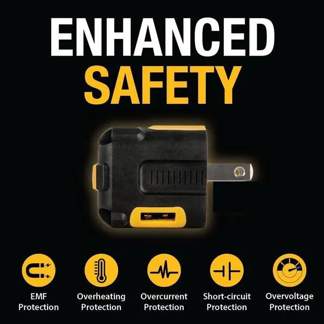 Alt view image 4 of 7 - DEWALT 2-Port USB Wall Charger  NeverBlock Worksite Charger  Dual 5V/2.1A Power AC Adapter  Fast Charging Block Cube for iPhone 14 13 12 SE 11Pro Max XS XR 8 Plus Samsung Galaxy Google Pixel