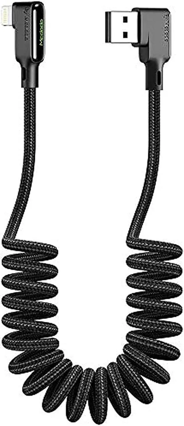 Main image of Anti Winding Cable, Mcdodo Retractable 90 Degree Coiled Right Angle Design Gaming LED Cord Nylon Braidd Sync Charge USB Data 6FT/1.8M Cable Compatible with New Phone List Below (Black, 6FT/1.8M)