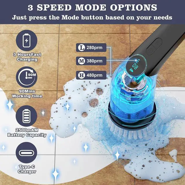 Alt view image 5 of 7 - YKYI Electric Spin Scrubber,Cordless Cleaning Brush,Shower Cleaning Brush with 8 Replaceable Brush Heads, Power Scrubber 3 Adjustable Speeds,Adjustable & Detachable Long Handle,Voice Broadcast