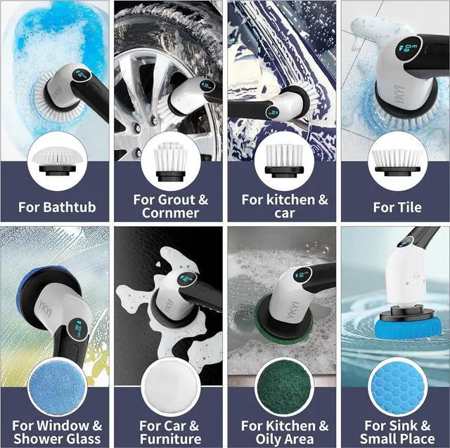 Alt view image 6 of 7 - YKYI Electric Spin Scrubber,Cordless Cleaning Brush,Shower Cleaning Brush with 8 Replaceable Brush Heads, Power Scrubber 3 Adjustable Speeds,Adjustable & Detachable Long Handle,Voice Broadcast